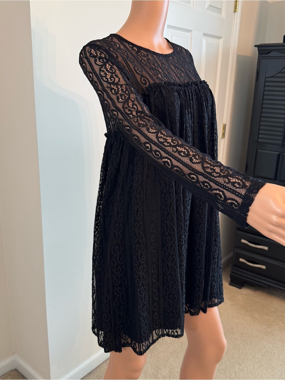 Altar’d State Black lace long sleeve babydoll mini dress goth Whimsigoth small